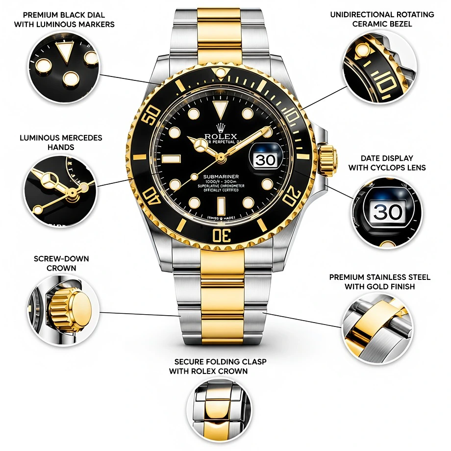 Rolex Submariner Date Two-Tone Gold & Silver Watch with Black Dial & Ceramic Bezel – Premium Luxury Men's Watch in Pakistan