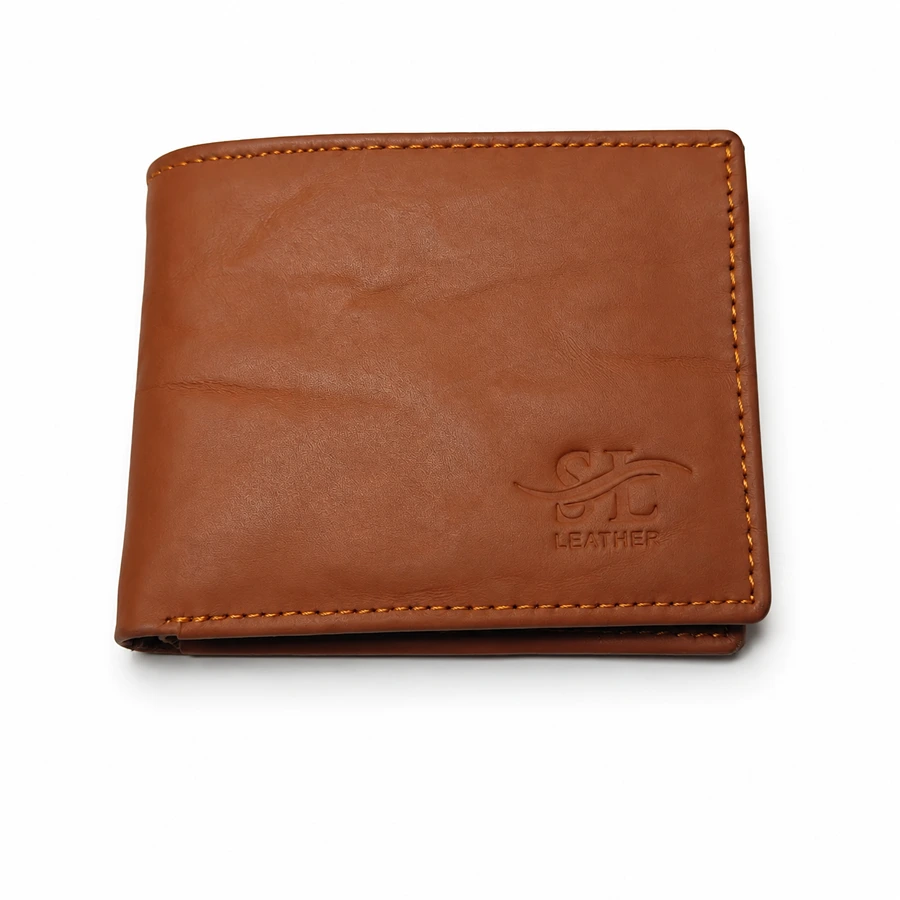 Premium Genuine Leather Bifold Wallet with ID Window, Card Slots & Inner Pockets – Cognac Brown