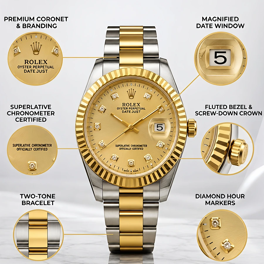 Rolex Oyster Perpetual Datejust Two-Tone Gold & Silver Watch with Diamond Markers – Premium Luxury Men's Watch in Pakistan