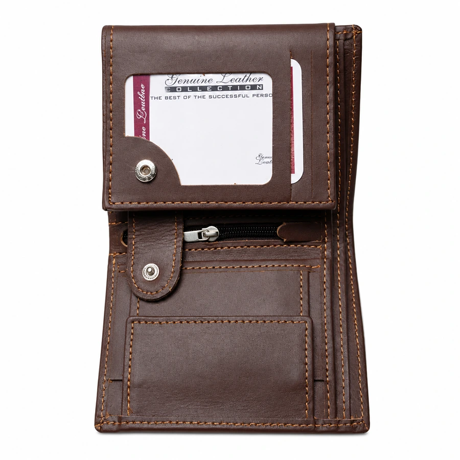 Premium Genuine Leather Wallet for Men – Brown Bifold Wallet with Coin Pocket & Zipper