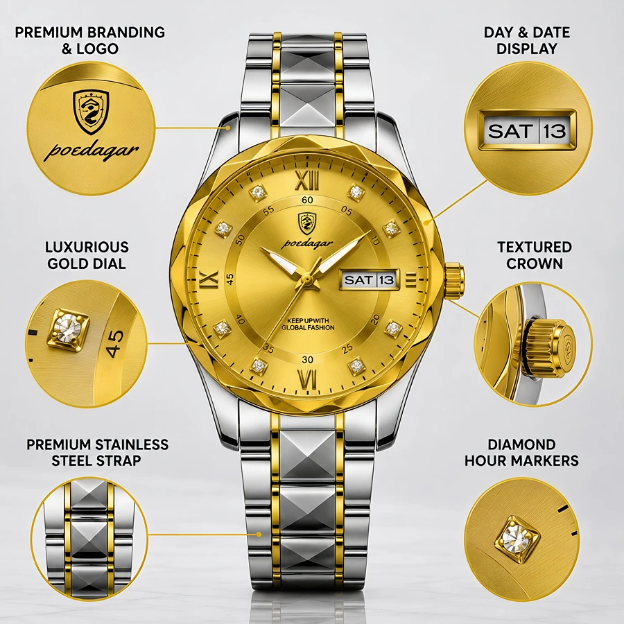 POEDAGAR Premium Two-Tone Gold & Silver Watch with Luxury Gold Dial & Day-Date Display – Luxury Men's Watch in Pakistan