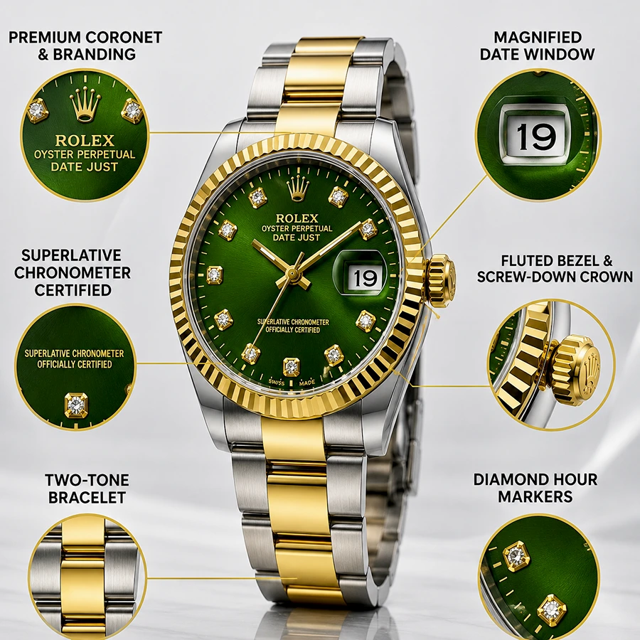 Rolex Oyster Perpetual Datejust Two-Tone Gold & Silver Watch with Green Sunburst Dial & Diamond Markers – Premium Luxury Men's Watch in Pakistan