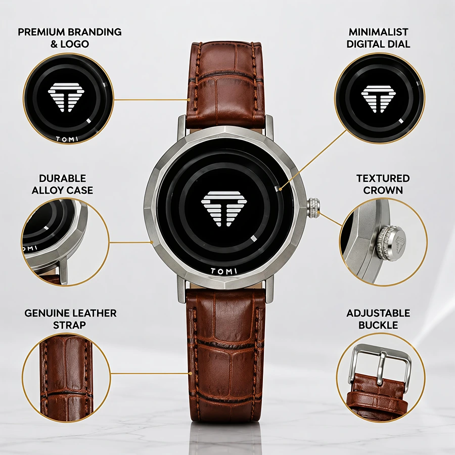 TOMI Premium Minimalist Black Dial Watch with Genuine Brown Leather Strap – Luxury Men's Watch in Pakistan