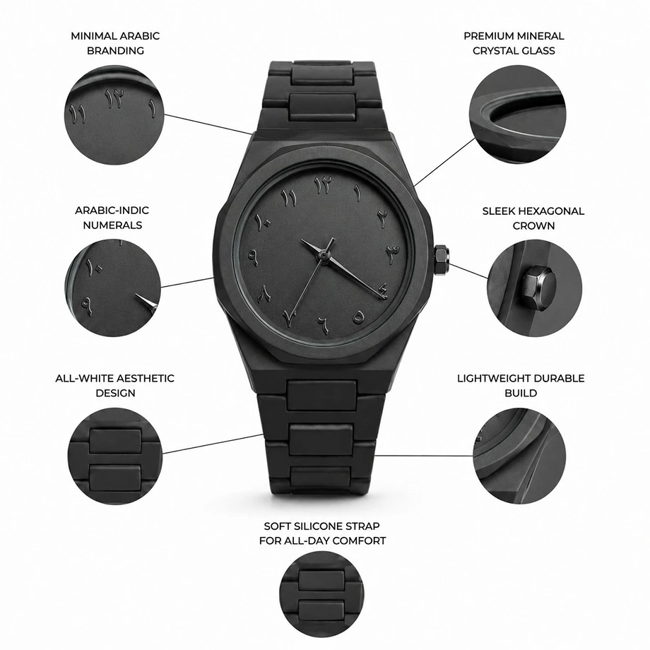 Black Aura Arabic Numerals Watch – All Black Stealth Design with Silicone Strap