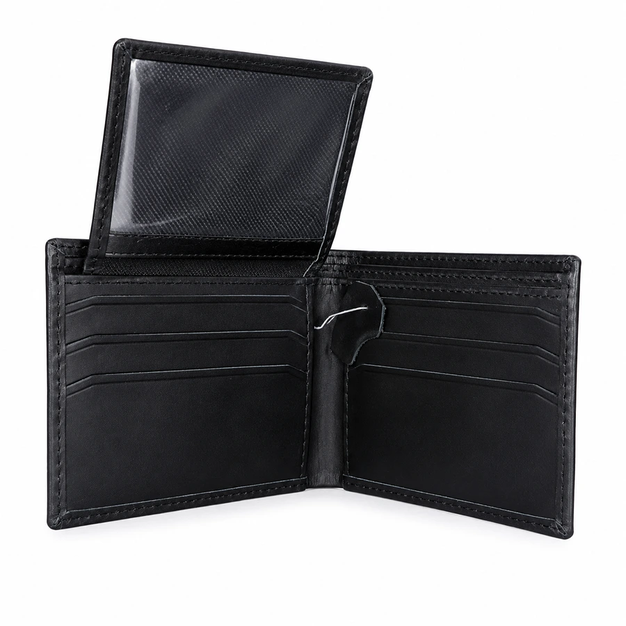 Premium Genuine Leather Bifold Wallet with ID Window, Card Slots & Inner Pockets – Black