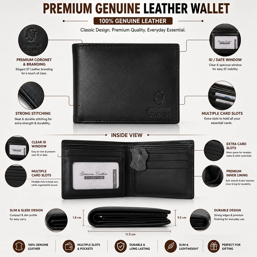 Premium Genuine Leather Bifold Wallet with ID Window, Card Slots & Inner Pockets – Black