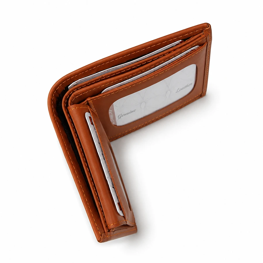 Premium Genuine Leather Bifold Wallet with ID Window, Card Slots & Inner Pockets – Cognac Brown