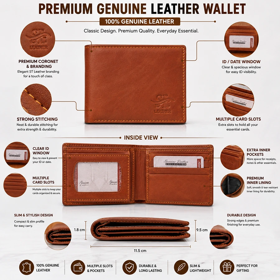 Premium Genuine Leather Bifold Wallet with ID Window, Card Slots & Inner Pockets – Cognac Brown