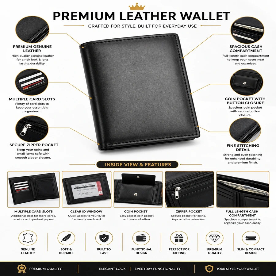 Premium Black Genuine Leather Trifold Wallet for Men – Multiple ID Windows, Card Slots, Zipper & Snap Button Pocket