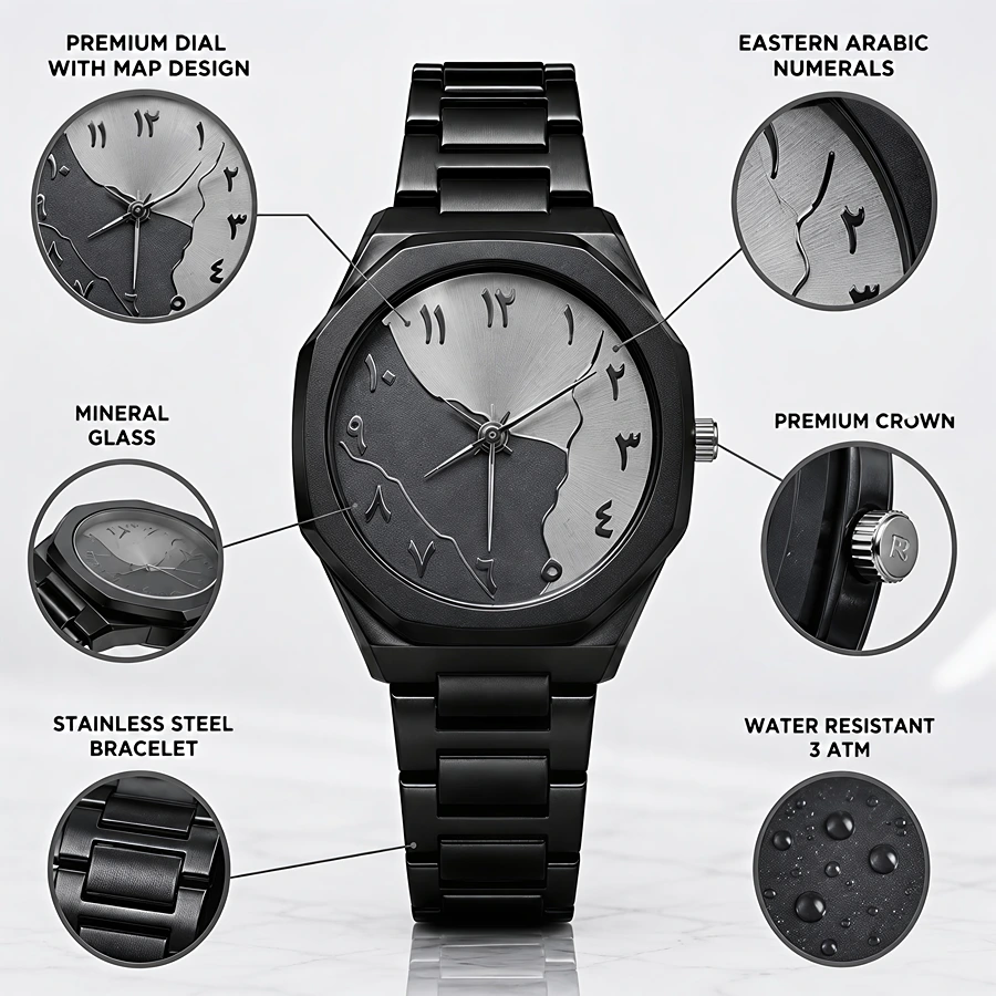 Metal Black Aura Watch with Arabic Numerals & Stainless Steel Bracelet – Premium Men's Watch in Pakistan