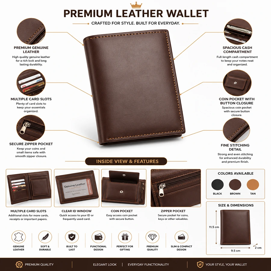 Premium Genuine Leather Wallet for Men – Brown Bifold Wallet with Coin Pocket & Zipper