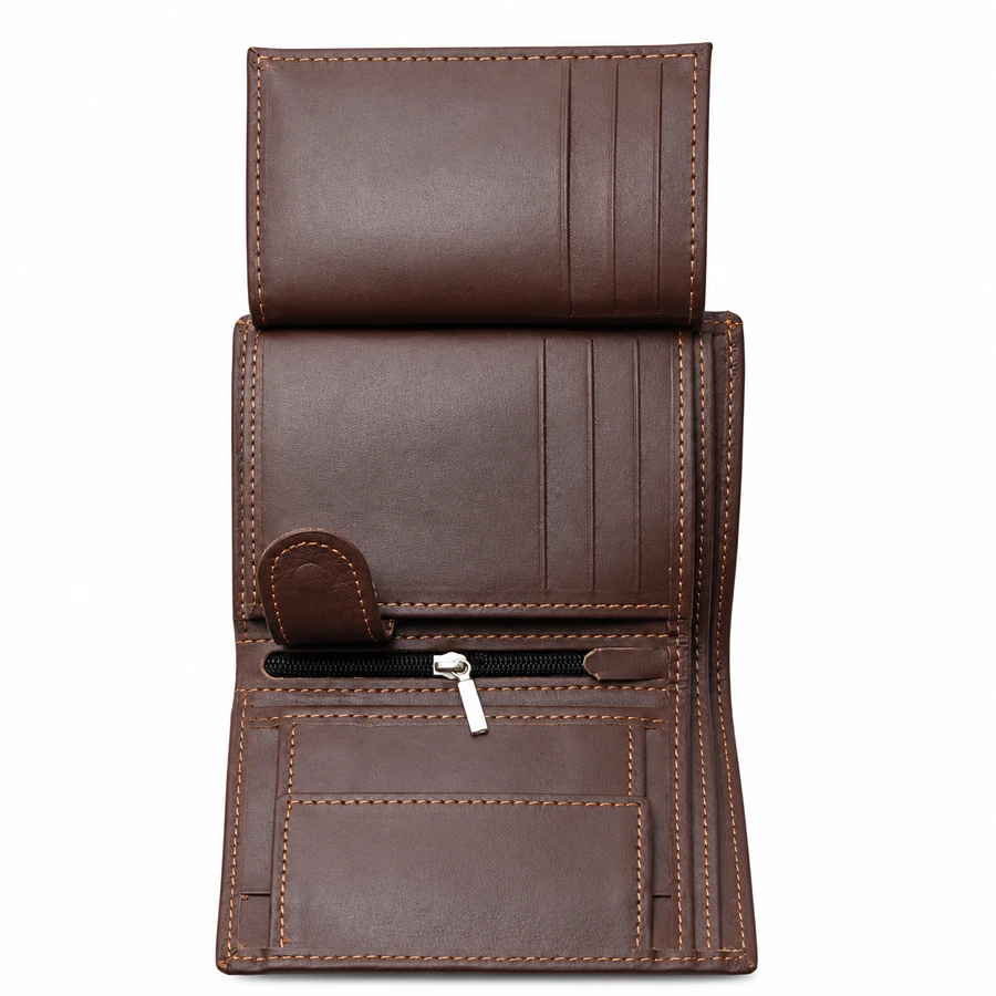 Premium Genuine Leather Wallet for Men – Brown Bifold Wallet with Coin Pocket & Zipper