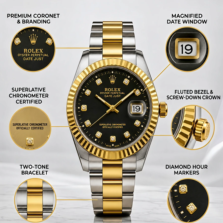 Rolex Oyster Perpetual Datejust Two-Tone Gold & Silver Watch with Black Dial & Diamond Markers – Premium Luxury Men's Watch in Pakistan