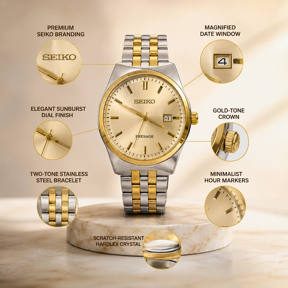 Seiko Presage Two-Tone Gold & Silver Watch with Sunburst Dial – Premium Luxury Men's Watch in Pakistan