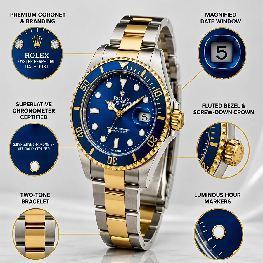 Rolex Submariner Two-Tone Gold & Silver Watch with Blue Dial & Blue Ceramic Bezel – Premium Luxury Men's Watch in Pakistan