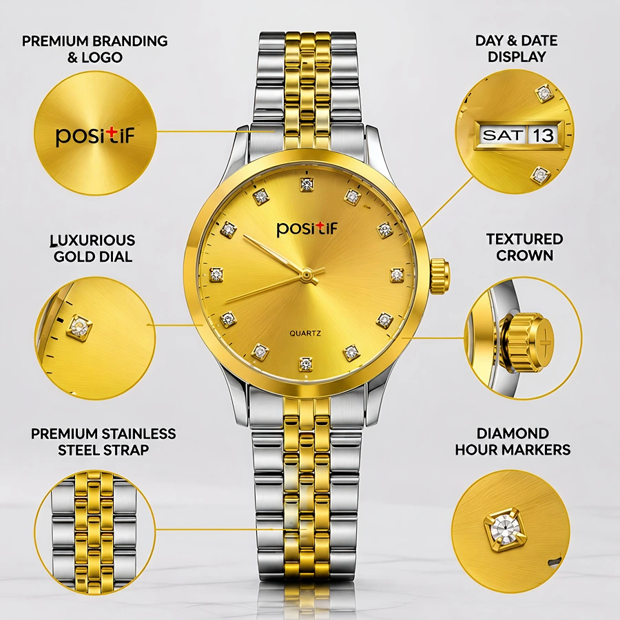 Positif Premium Two-Tone Gold & Silver Watch with Luxury Gold Dial & Diamond Markers – Luxury Men's Watch in Pakistan