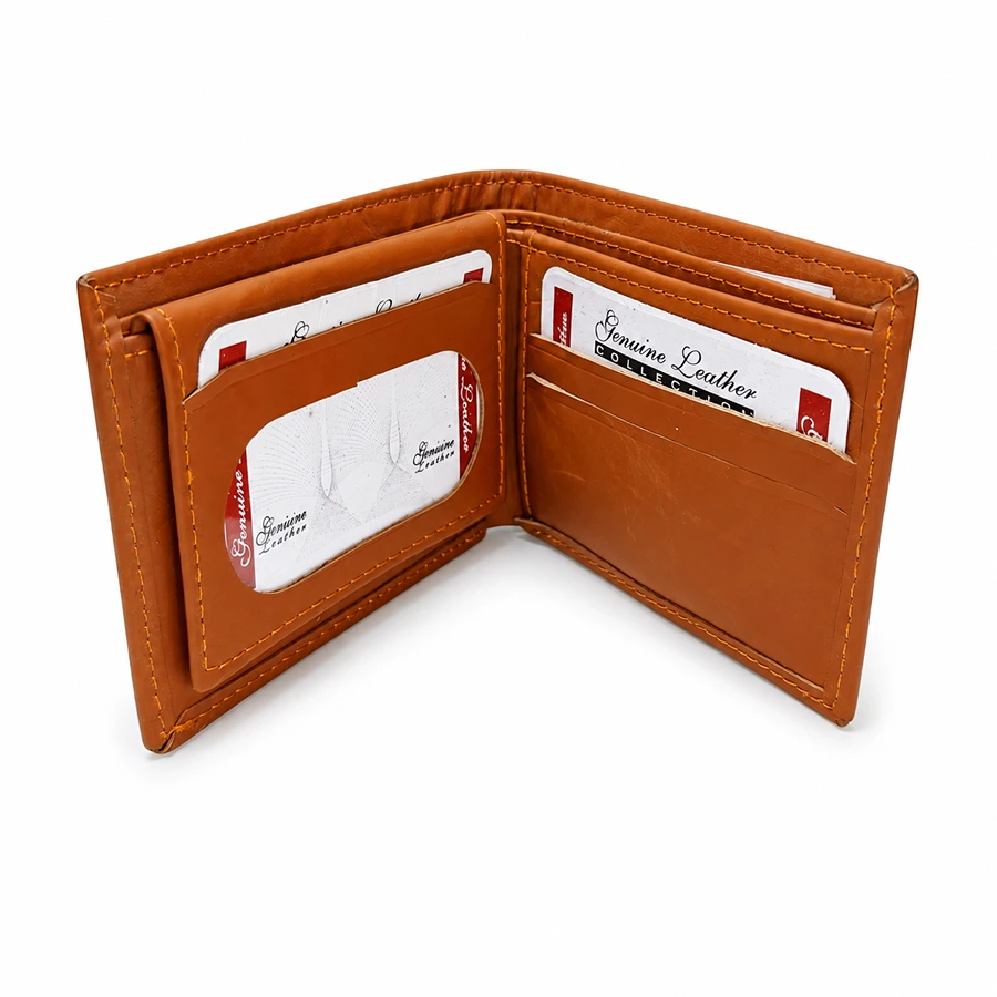 Premium Genuine Leather Bifold Wallet with ID Window, Card Slots & Inner Pockets – Cognac Brown