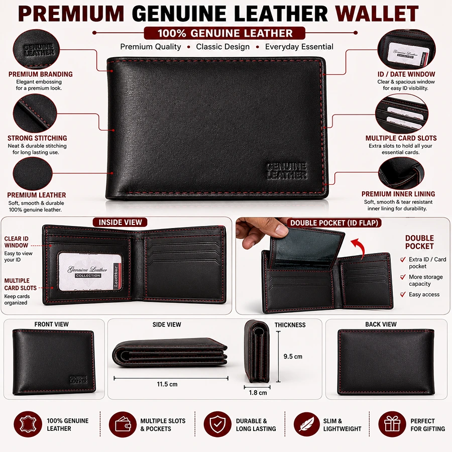 Premium Black Genuine Leather Wallet for Men – Bifold with ID Window, Double Pocket & Multiple Card Slots