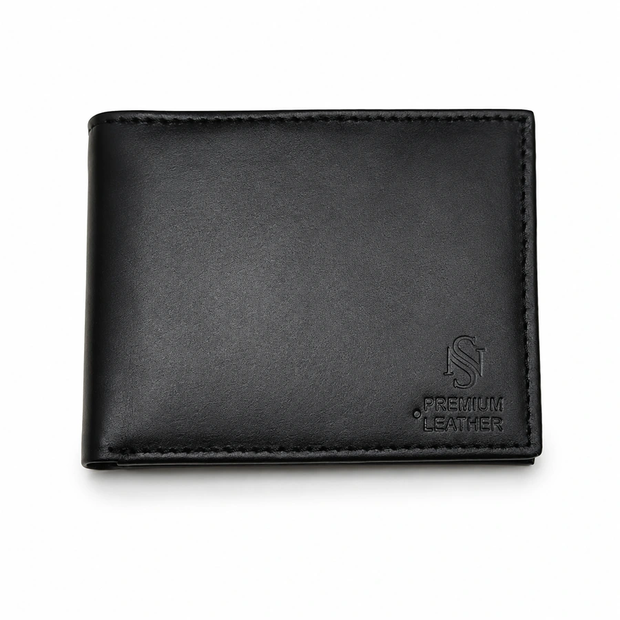 Premium Genuine Leather Bifold Wallet with ID Window, Card Slots & Inner Pockets – Black