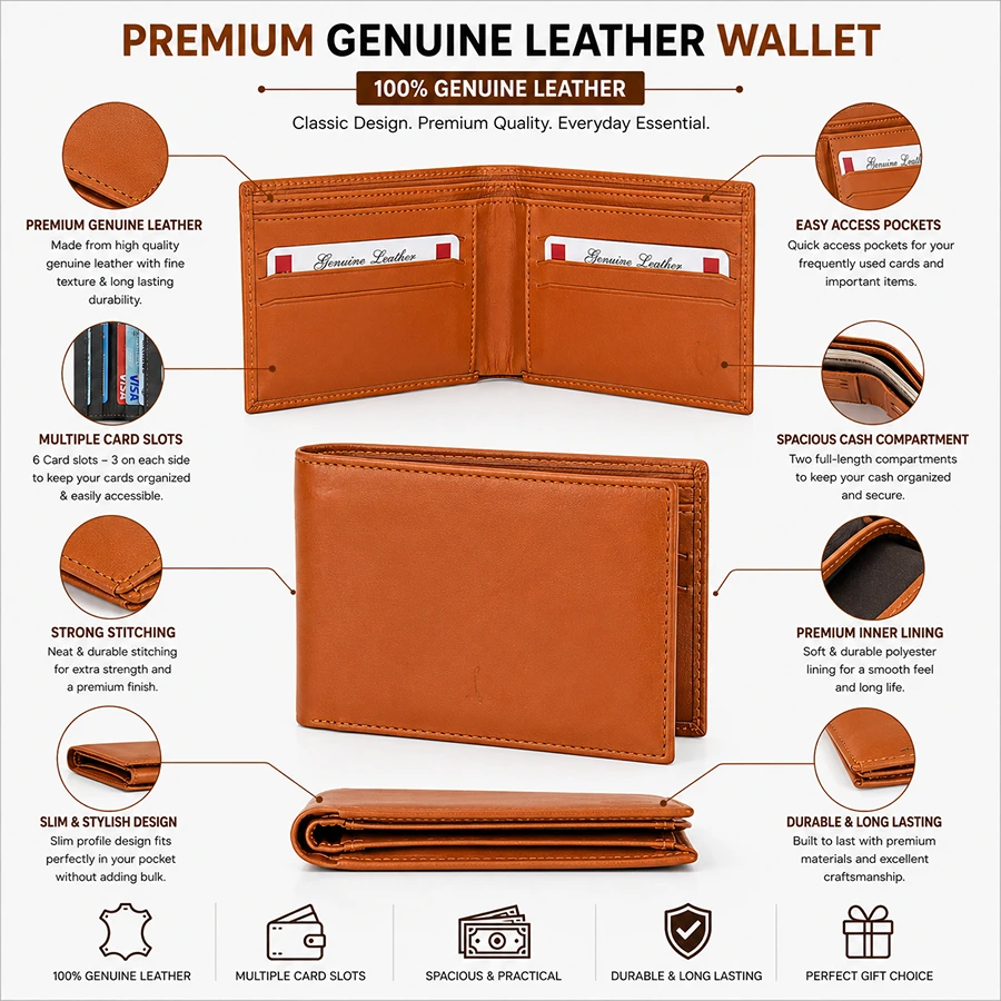 Premium Genuine Leather Wallet for Men – Slim Bifold with 6 Card Slots & Cash Compartment