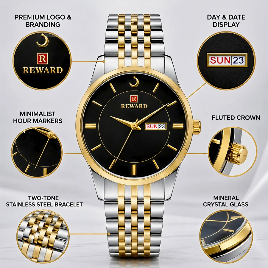 Reward Premium Two-Tone Gold & Silver Watch with Black Dial & Day-Date Display – Luxury Men's Watch in Pakistan