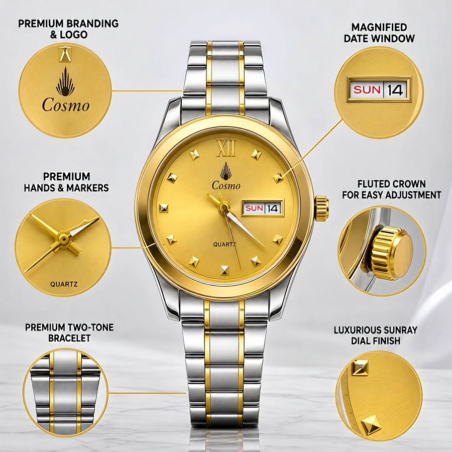 Cosmo Premium Two-Tone Gold & Silver Watch with Sunray Gold Dial & Day-Date Display – Luxury Men's Watch in Pakistan