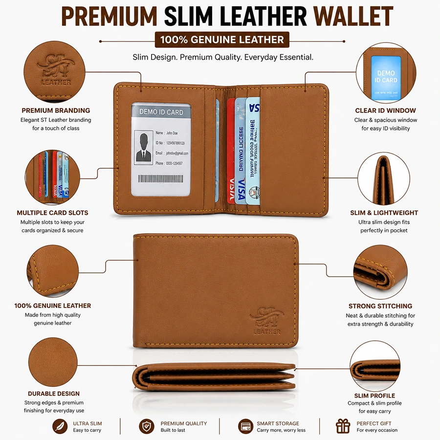 Premium Slim Genuine Leather Wallet with ID Window & Card Slots – Tan Brown