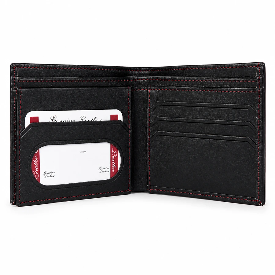 Premium Genuine Leather Bifold Wallet with ID Window, Card Slots & Inner Pockets – Black