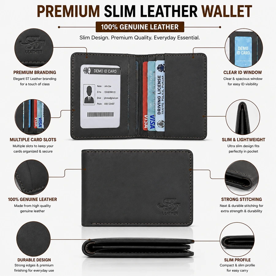 Premium Slim Genuine Leather Wallet with ID Window & Card Slots – Black