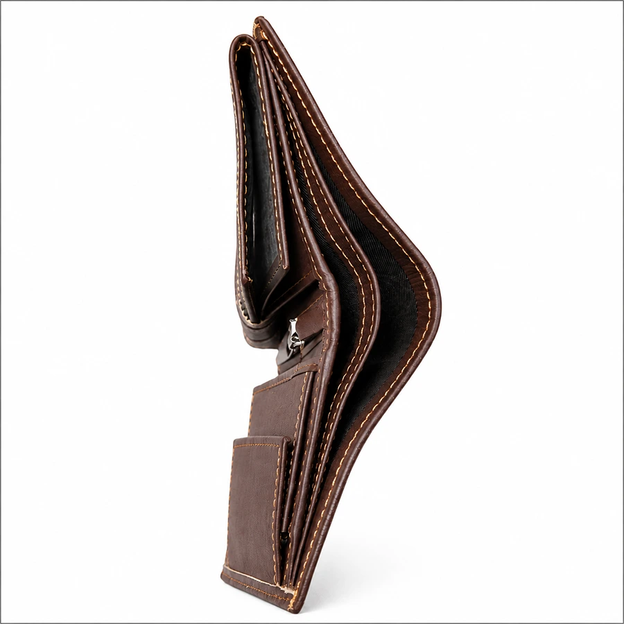 Premium Genuine Leather Wallet for Men – Brown Bifold Wallet with Coin Pocket & Zipper